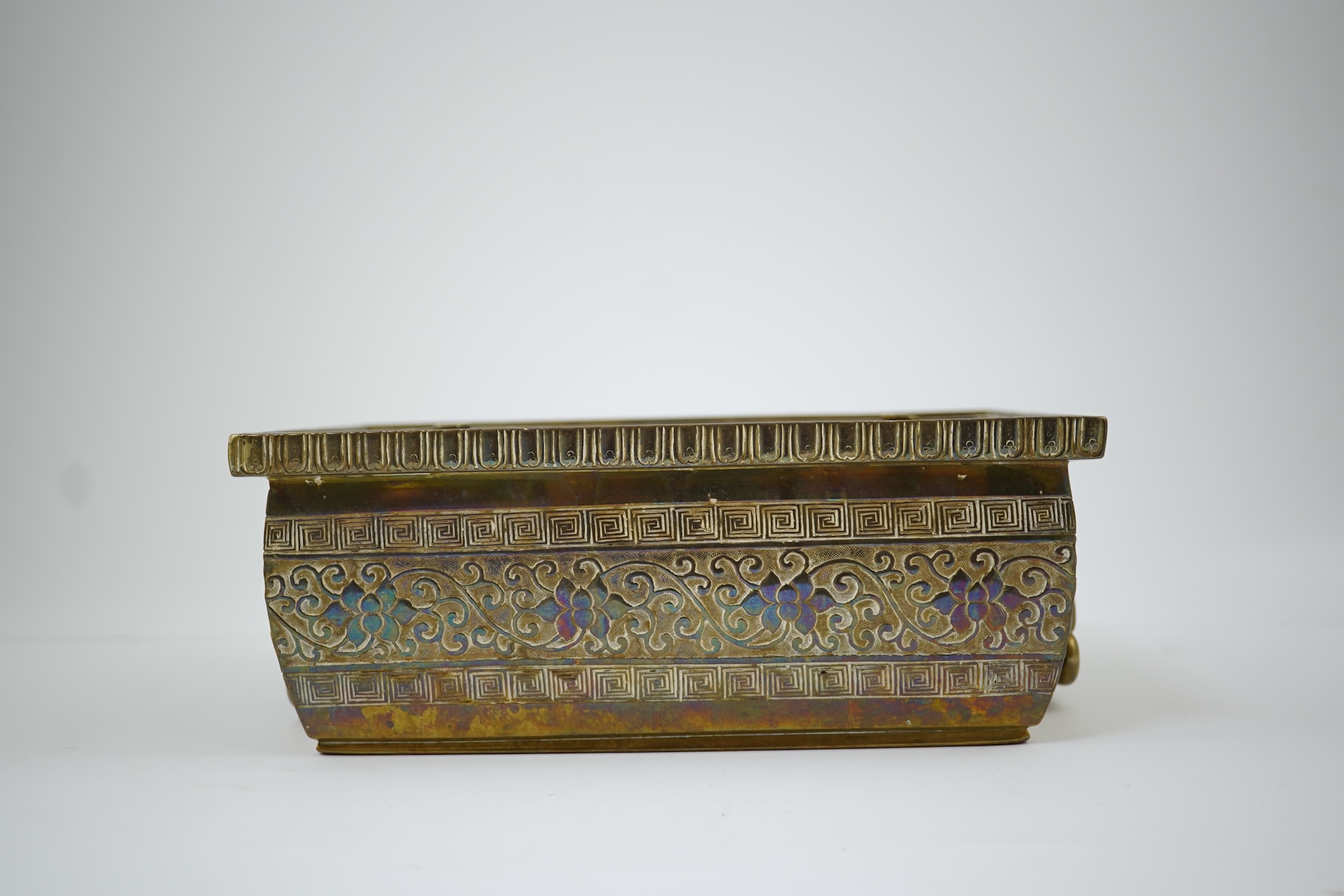 A large Chinese bronze rectangular censer and cover, Xuande seal mark, and a ‘plum blossom and chilong’ bronze censer, both 19th century